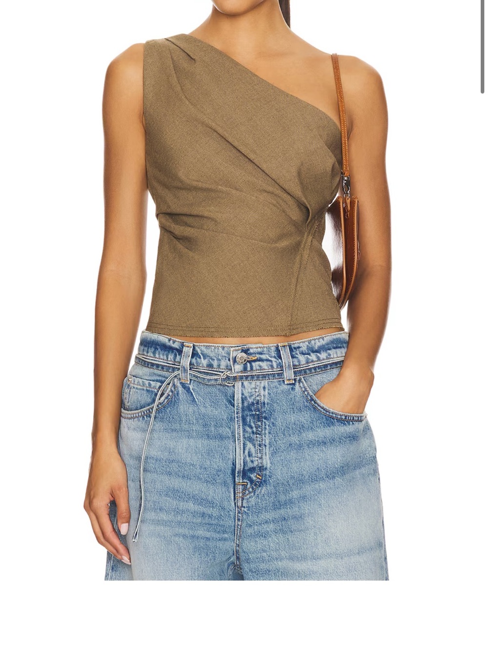 EAVES REVOLVE Decon One Shoulder Top Size S Olive Green Fall Corporate Cocktail